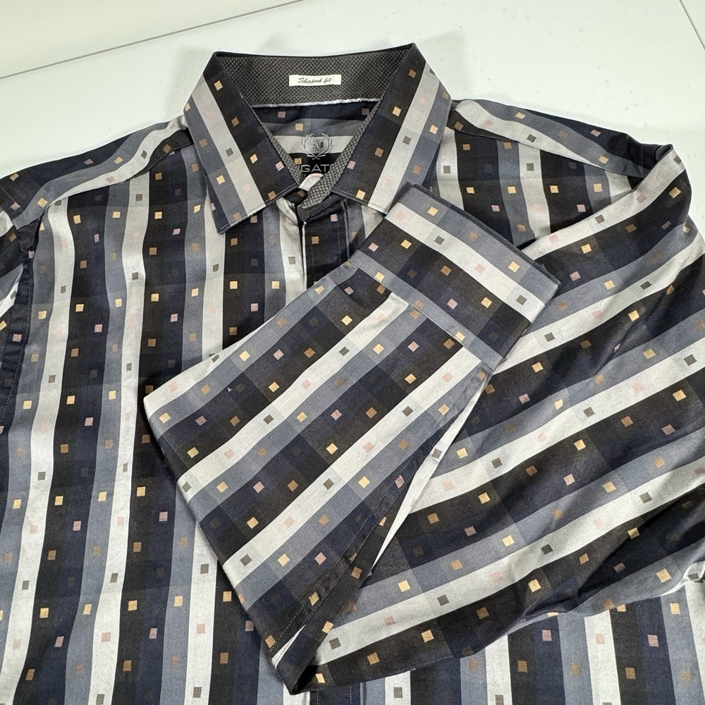 Bugatchi Uomo Shaped Fit XL Blue Gray Stripe Geometric Button Front LS Shirt